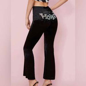 90s rhinestone letter pattern velvet flare leg pants